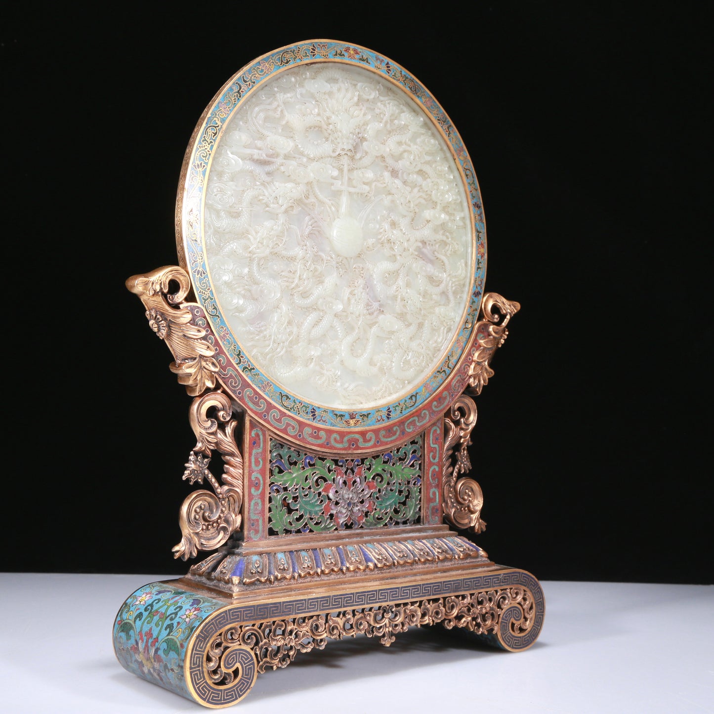 An Exquisite Imperial Cloisonne White Jade-Inlaid 'Dragon& Auspicious Cloud' Table Screen With Imperial Poem Inscriptions From Qianlong Period