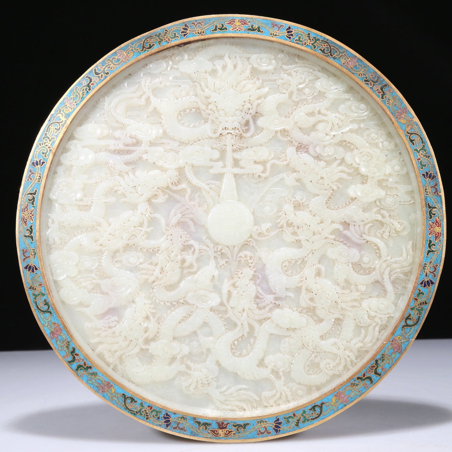 An Exquisite Imperial Cloisonne White Jade-Inlaid 'Dragon& Auspicious Cloud' Table Screen With Imperial Poem Inscriptions From Qianlong Period