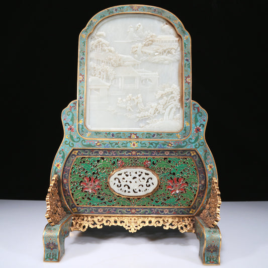 A Fabulous Imperial Cloisonne White Jade-Inlaid 'Landscape& Figure' Table Screen With Poem Inscriptions