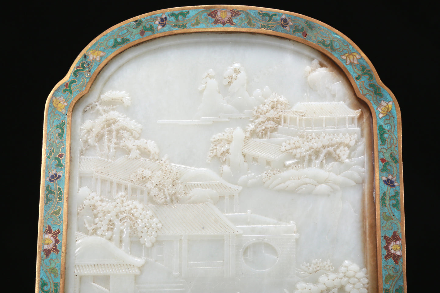 A Fabulous Imperial Cloisonne White Jade-Inlaid 'Landscape& Figure' Table Screen With Poem Inscriptions