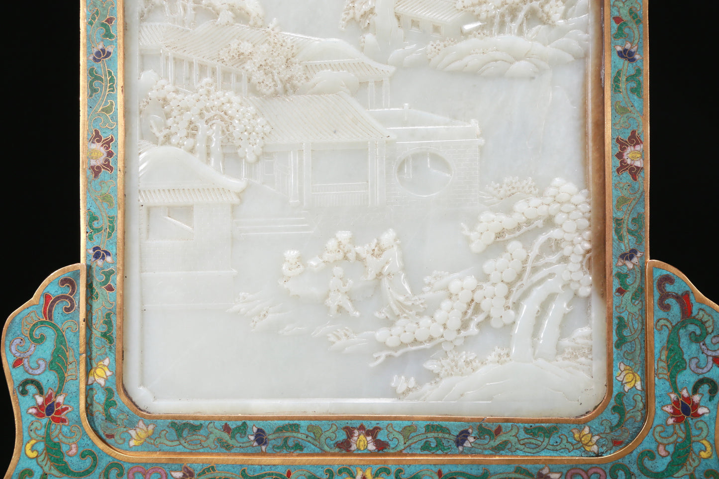 A Fabulous Imperial Cloisonne White Jade-Inlaid 'Landscape& Figure' Table Screen With Poem Inscriptions