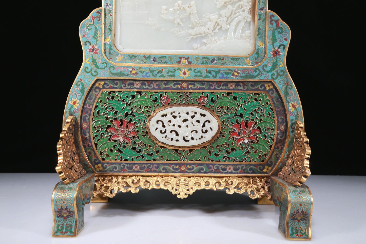 A Fabulous Imperial Cloisonne White Jade-Inlaid 'Landscape& Figure' Table Screen With Poem Inscriptions