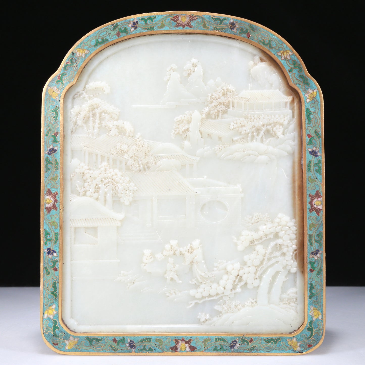 A Fabulous Imperial Cloisonne White Jade-Inlaid 'Landscape& Figure' Table Screen With Poem Inscriptions