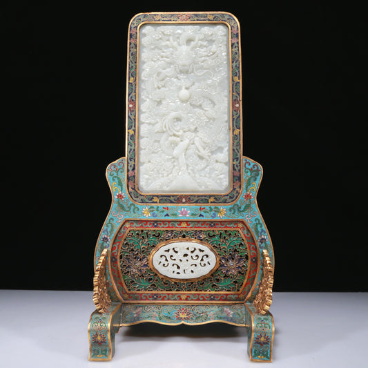 An Exquisite Imperial Cloisonne White Jade-Inlaid 'Dragon& Auspicious Cloud' Table Screen With Imperial Poem Inscriptions From Qianlong Period