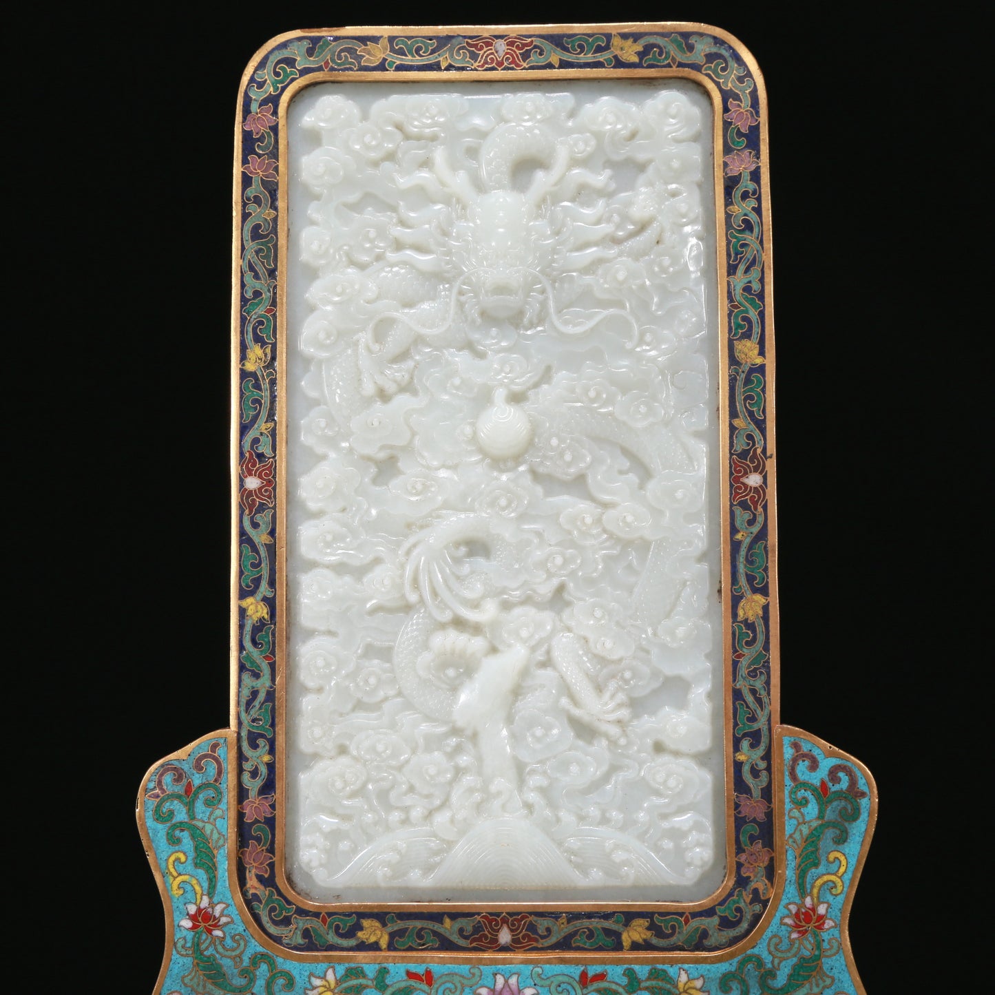 An Exquisite Imperial Cloisonne White Jade-Inlaid 'Dragon& Auspicious Cloud' Table Screen With Imperial Poem Inscriptions From Qianlong Period