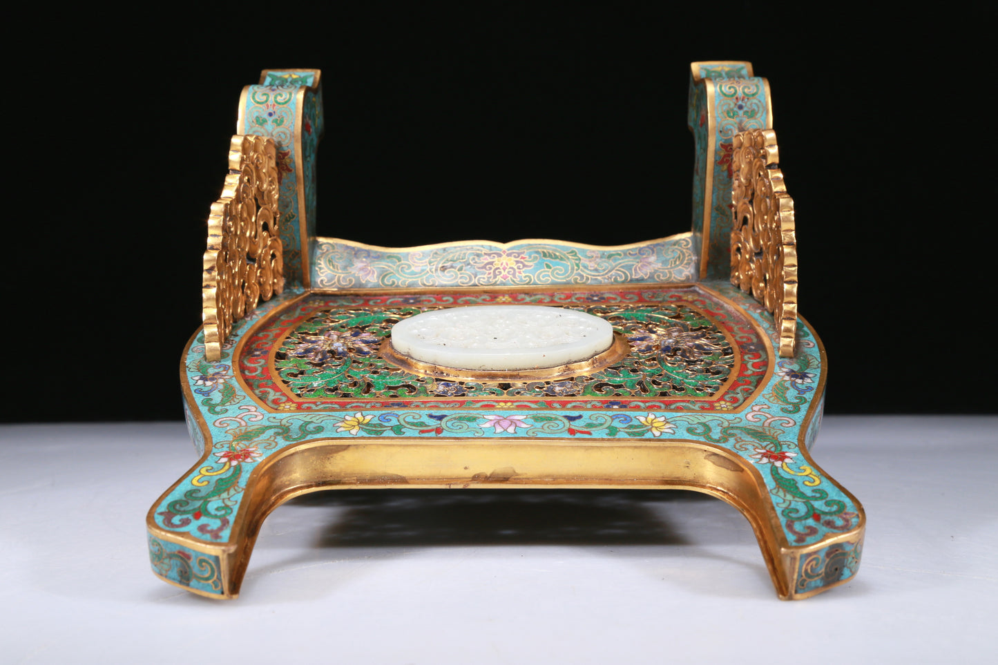 An Exquisite Imperial Cloisonne White Jade-Inlaid 'Dragon& Auspicious Cloud' Table Screen With Imperial Poem Inscriptions From Qianlong Period