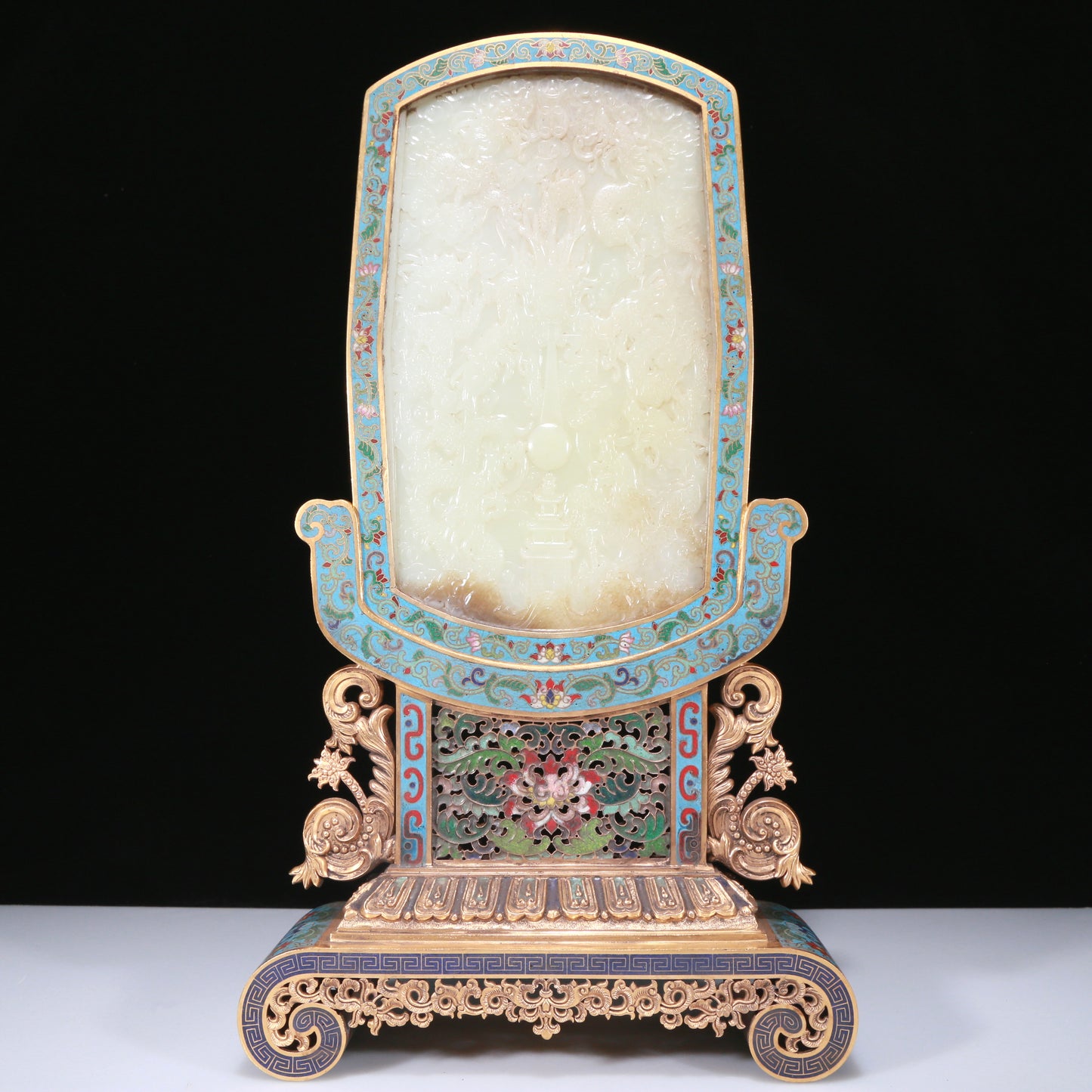 An Exquisite Imperial Cloisonne White Jade-Inlaid 'Dragon& Auspicious Cloud' Table Screen With Poem Inscriptions