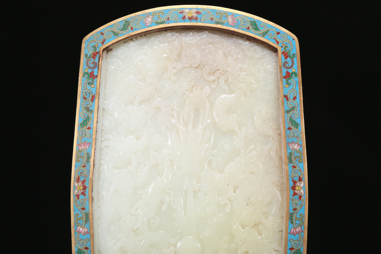 An Exquisite Imperial Cloisonne White Jade-Inlaid 'Dragon& Auspicious Cloud' Table Screen With Poem Inscriptions