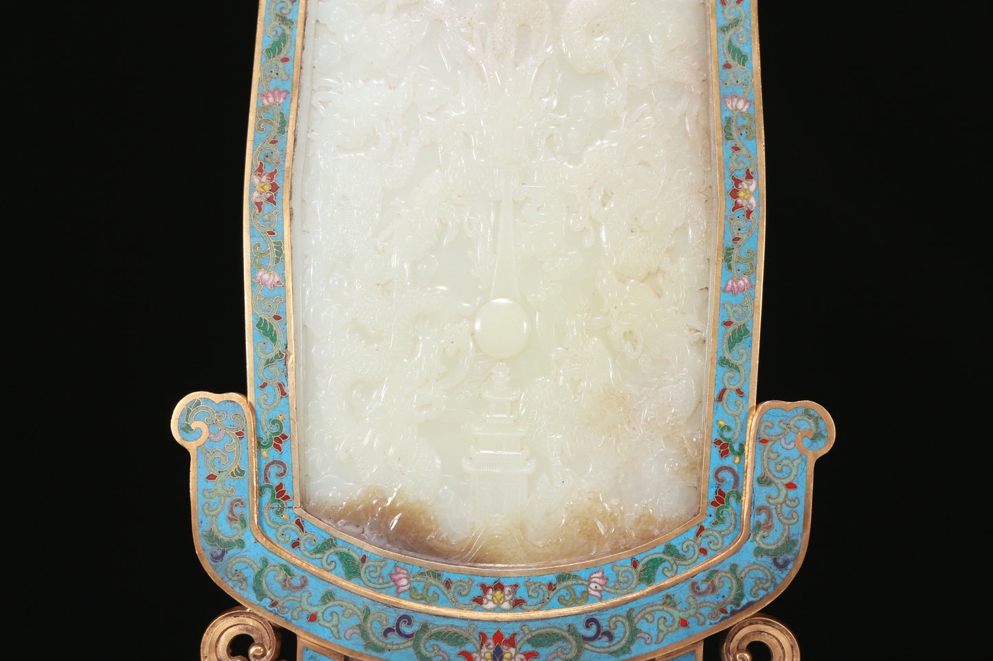 An Exquisite Imperial Cloisonne White Jade-Inlaid 'Dragon& Auspicious Cloud' Table Screen With Poem Inscriptions