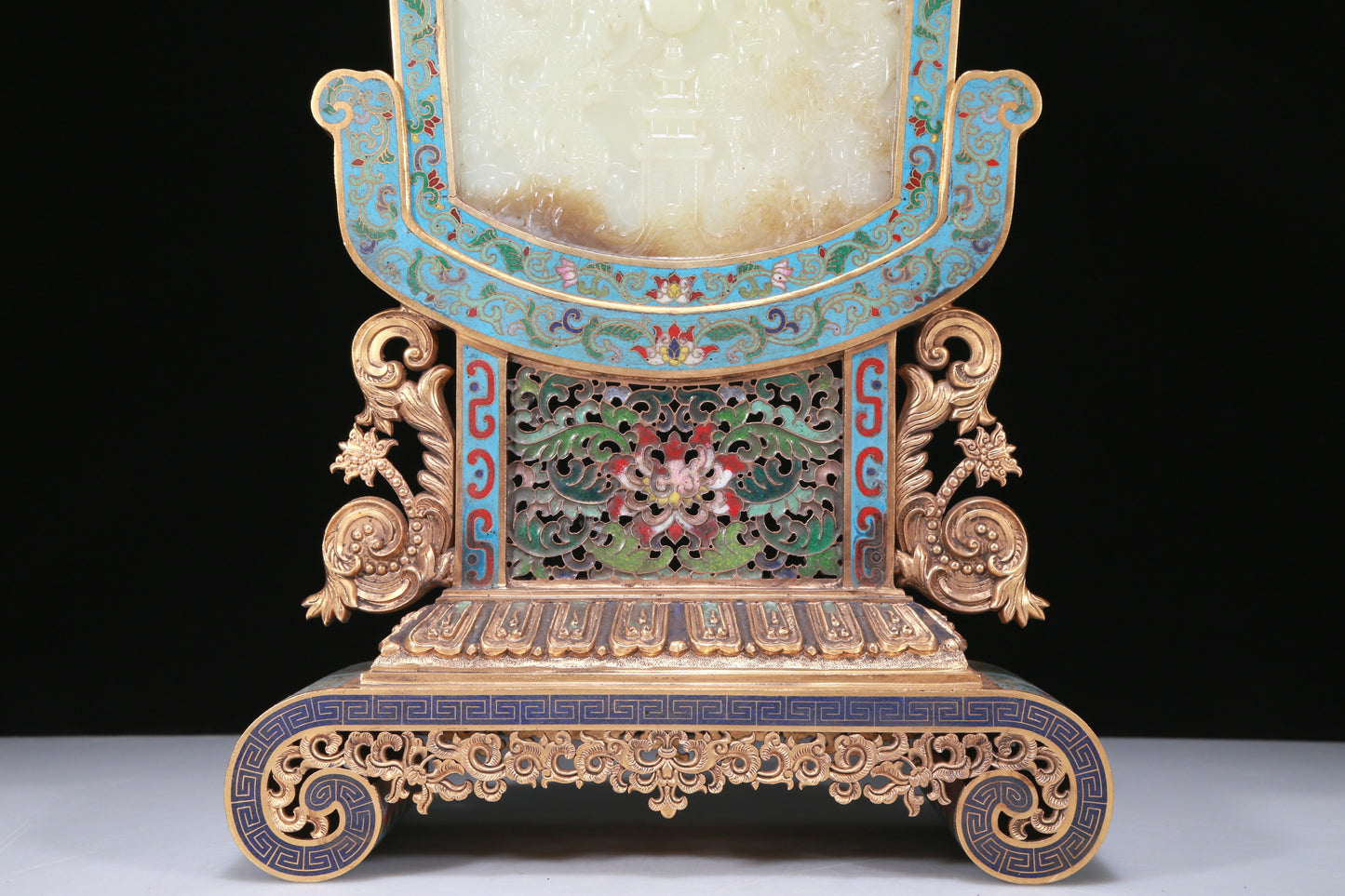 An Exquisite Imperial Cloisonne White Jade-Inlaid 'Dragon& Auspicious Cloud' Table Screen With Poem Inscriptions