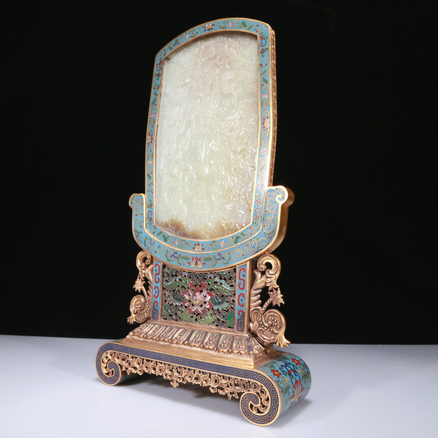 An Exquisite Imperial Cloisonne White Jade-Inlaid 'Dragon& Auspicious Cloud' Table Screen With Poem Inscriptions