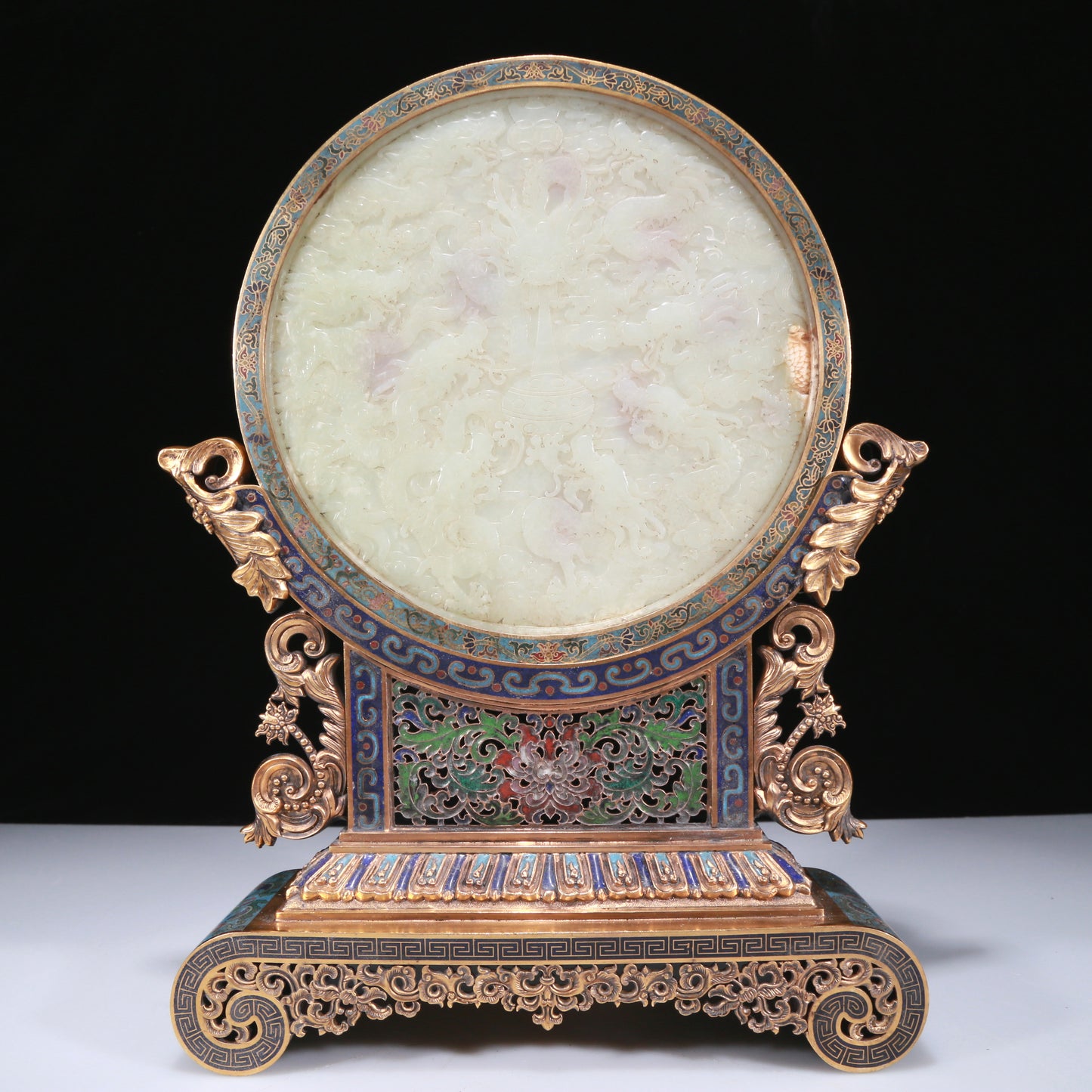 An Exquisite Imperial Cloisonne White Jade-Inlaid 'Dragon& Auspicious Cloud' Table Screen With Poem Inscriptions