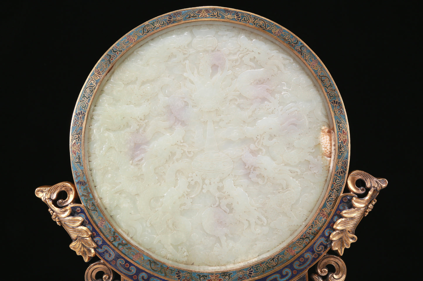 An Exquisite Imperial Cloisonne White Jade-Inlaid 'Dragon& Auspicious Cloud' Table Screen With Poem Inscriptions