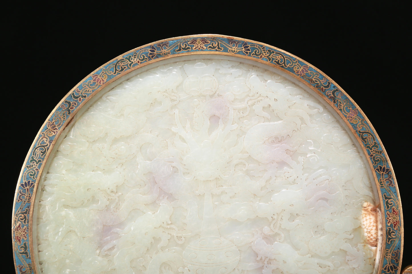 An Exquisite Imperial Cloisonne White Jade-Inlaid 'Dragon& Auspicious Cloud' Table Screen With Poem Inscriptions