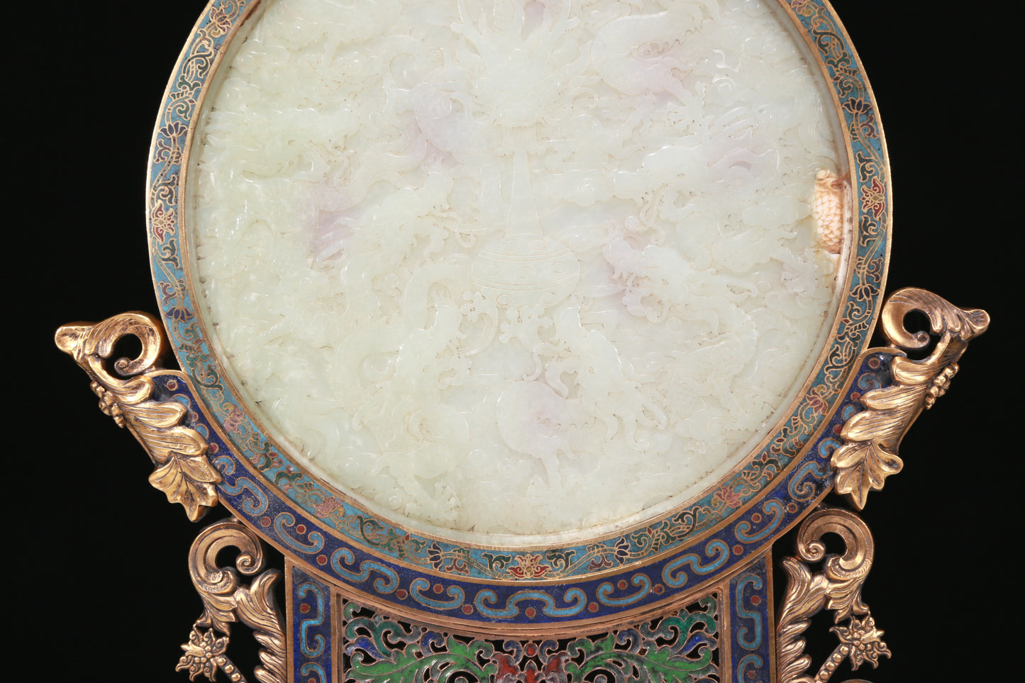 An Exquisite Imperial Cloisonne White Jade-Inlaid 'Dragon& Auspicious Cloud' Table Screen With Poem Inscriptions