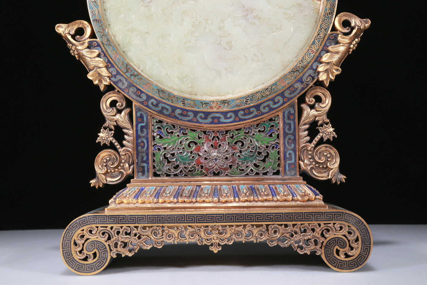 An Exquisite Imperial Cloisonne White Jade-Inlaid 'Dragon& Auspicious Cloud' Table Screen With Poem Inscriptions