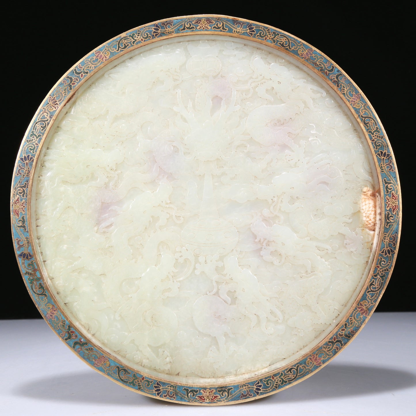 An Exquisite Imperial Cloisonne White Jade-Inlaid 'Dragon& Auspicious Cloud' Table Screen With Poem Inscriptions