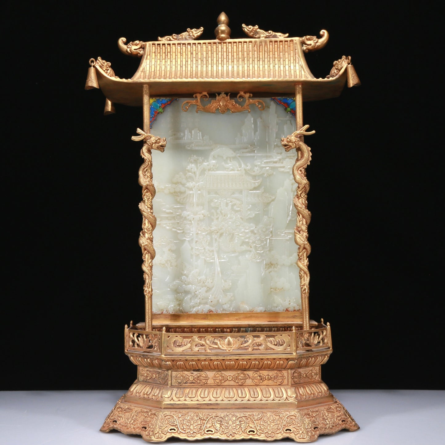 A Fabulous Gilt-Bronze White Jade-Inlaid 'Dragon& Ocean' Table Screen