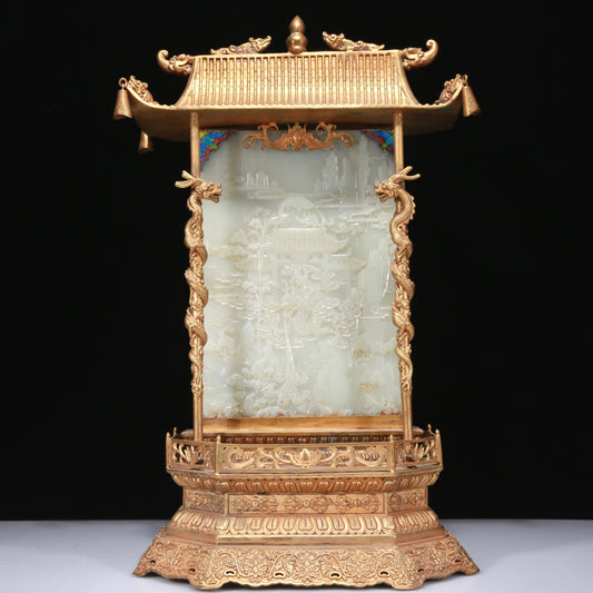 A Fabulous Gilt-Bronze White Jade-Inlaid 'Dragon& Ocean' Table Screen