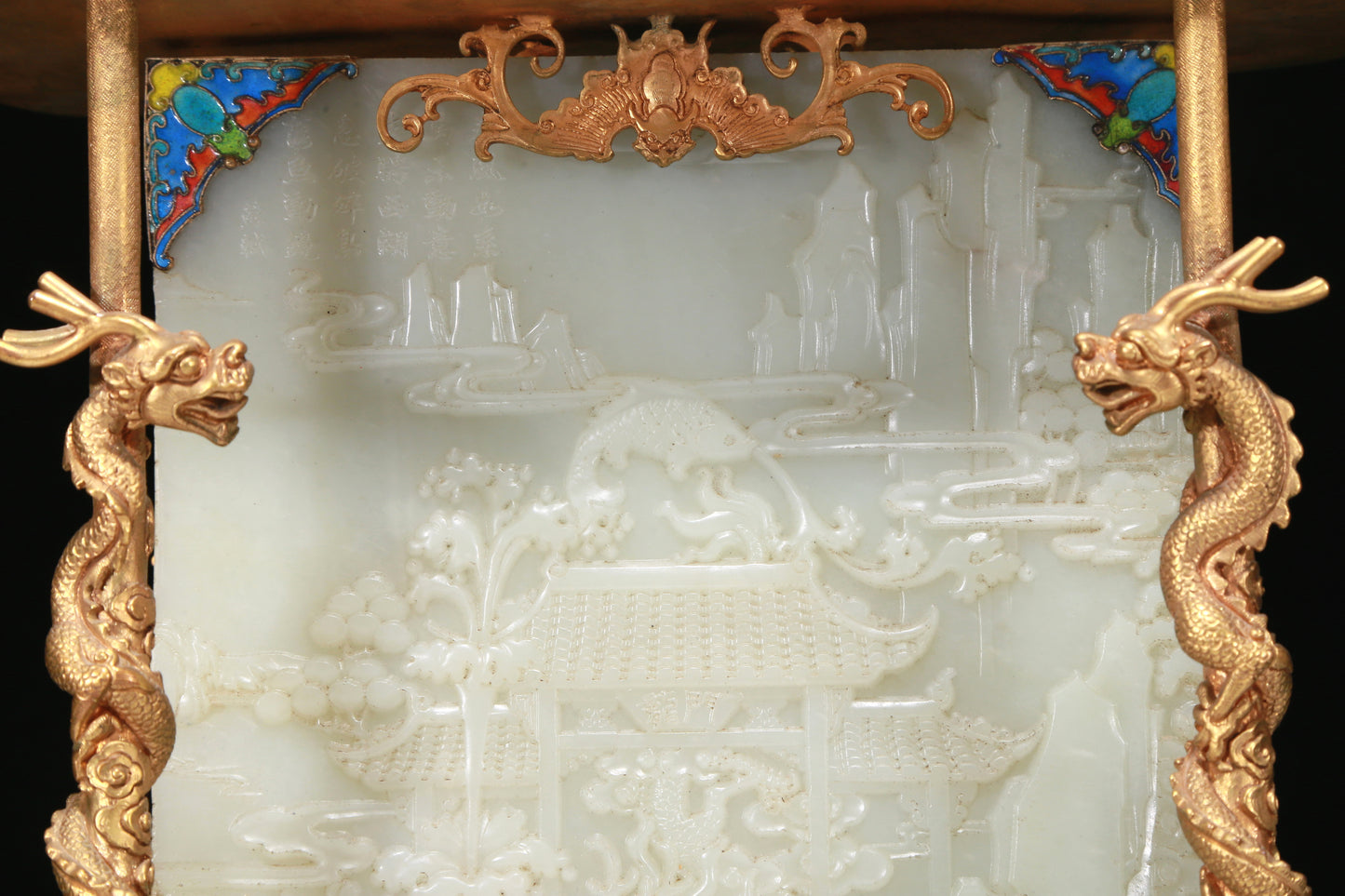 A Fabulous Gilt-Bronze White Jade-Inlaid 'Dragon& Ocean' Table Screen