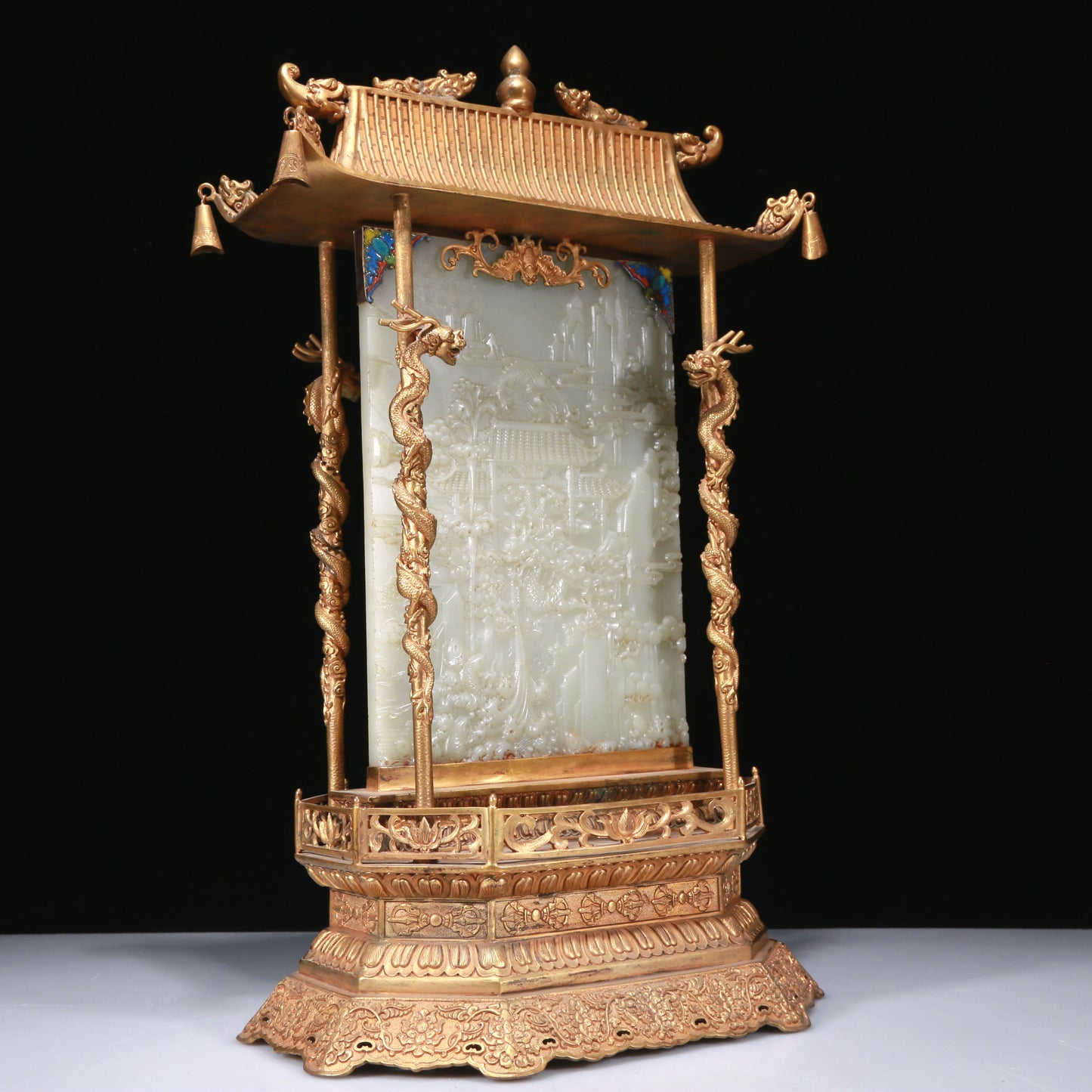 A Fabulous Gilt-Bronze White Jade-Inlaid 'Dragon& Ocean' Table Screen