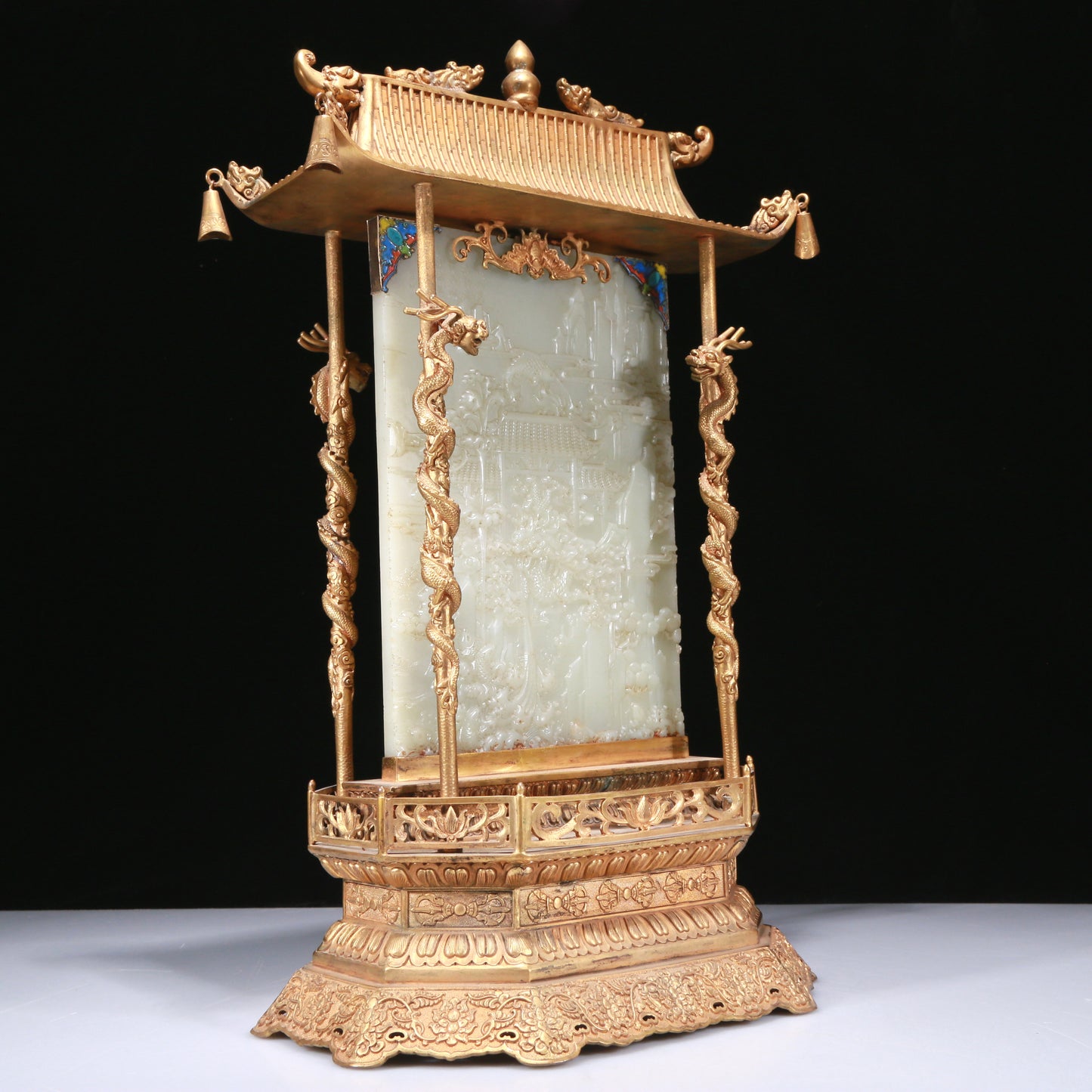 A Fabulous Gilt-Bronze White Jade-Inlaid 'Dragon& Ocean' Table Screen