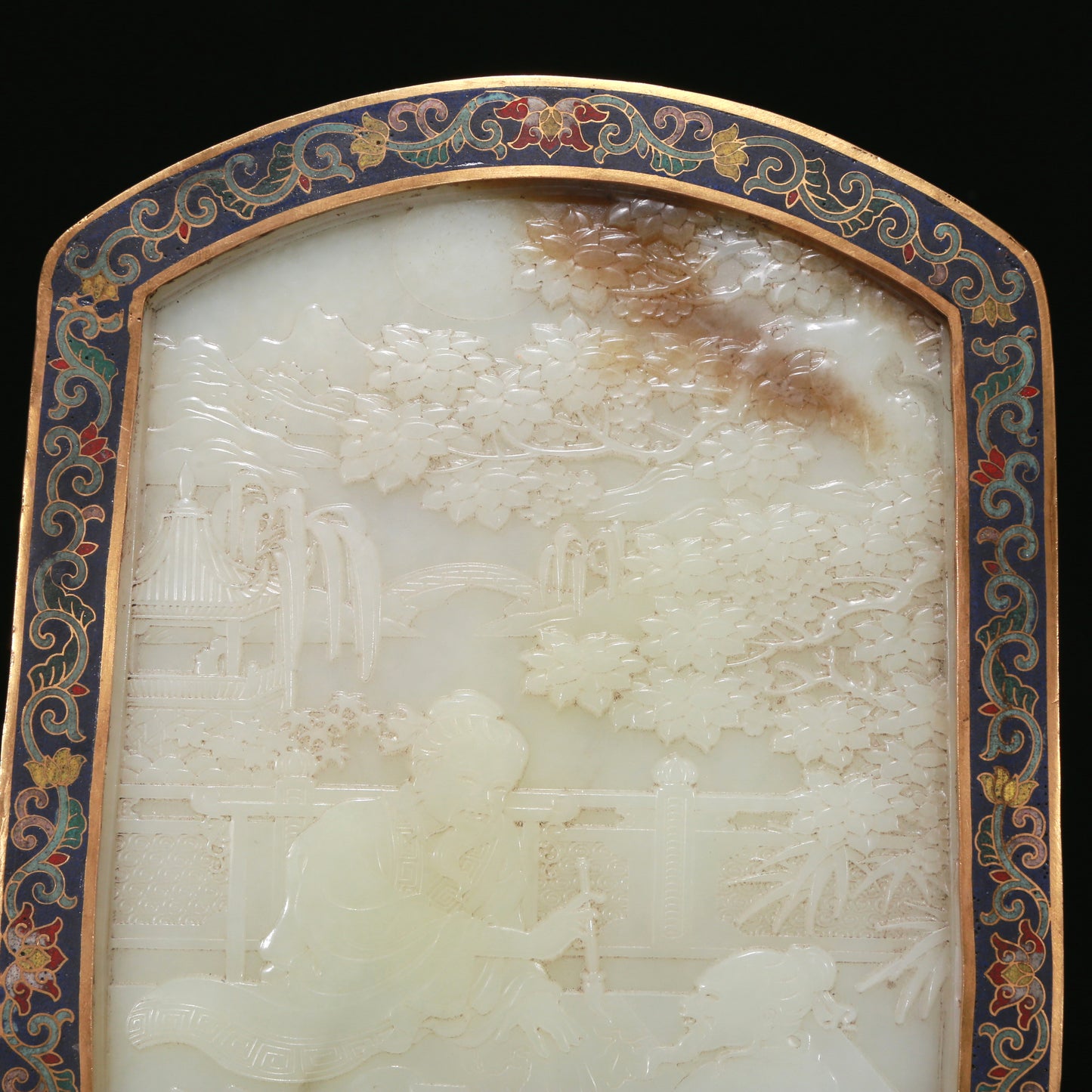 An Exquisite Imperial Cloisonne White Jade-Inlaid 'Landscape& Figure' Table Screen With Imperial Poem Inscriptions From Qianlong Period