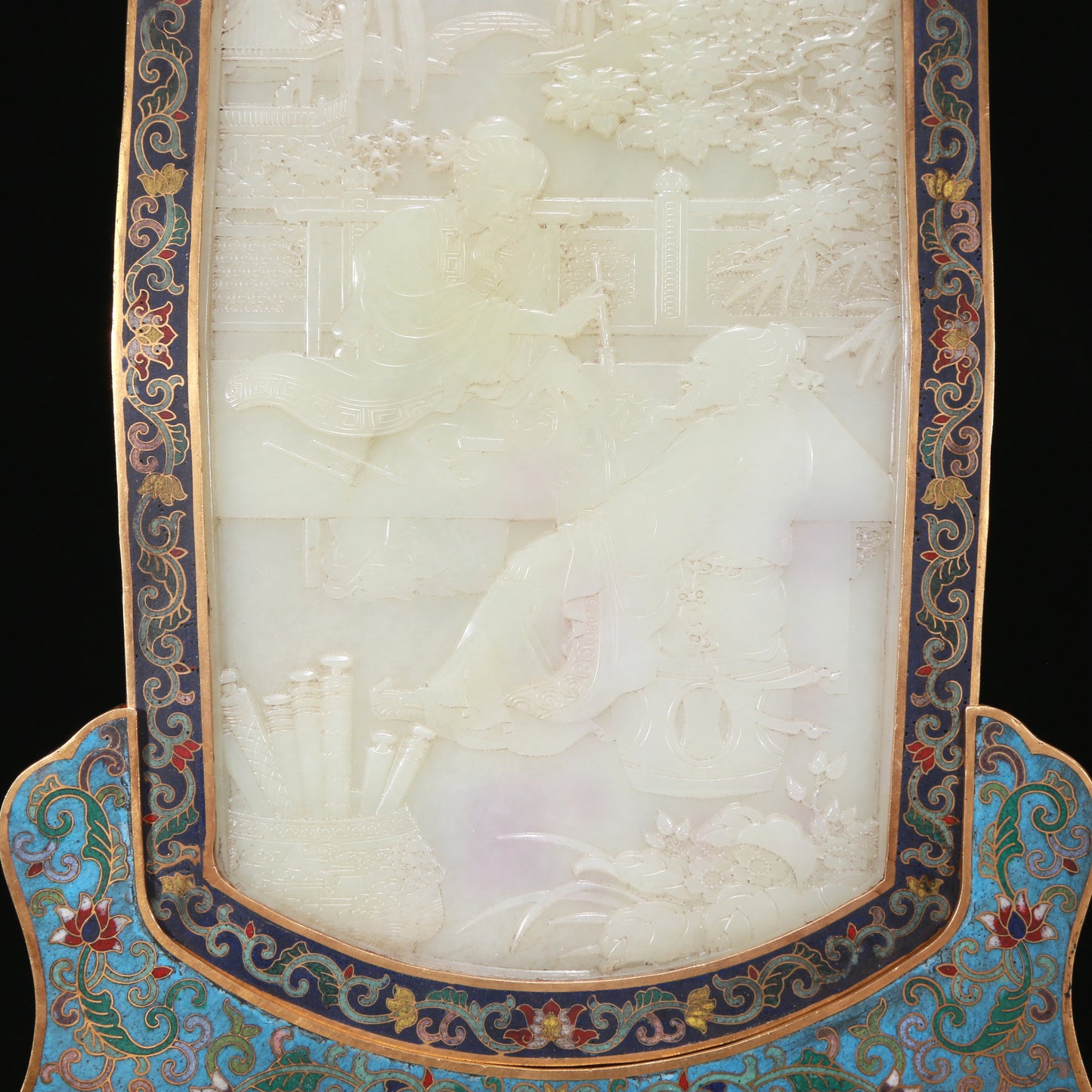 An Exquisite Imperial Cloisonne White Jade-Inlaid 'Landscape& Figure' Table Screen With Imperial Poem Inscriptions From Qianlong Period