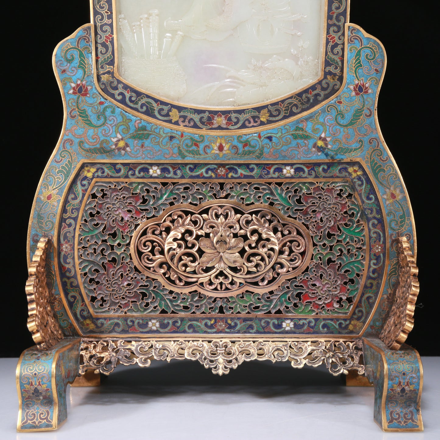 An Exquisite Imperial Cloisonne White Jade-Inlaid 'Landscape& Figure' Table Screen With Imperial Poem Inscriptions From Qianlong Period