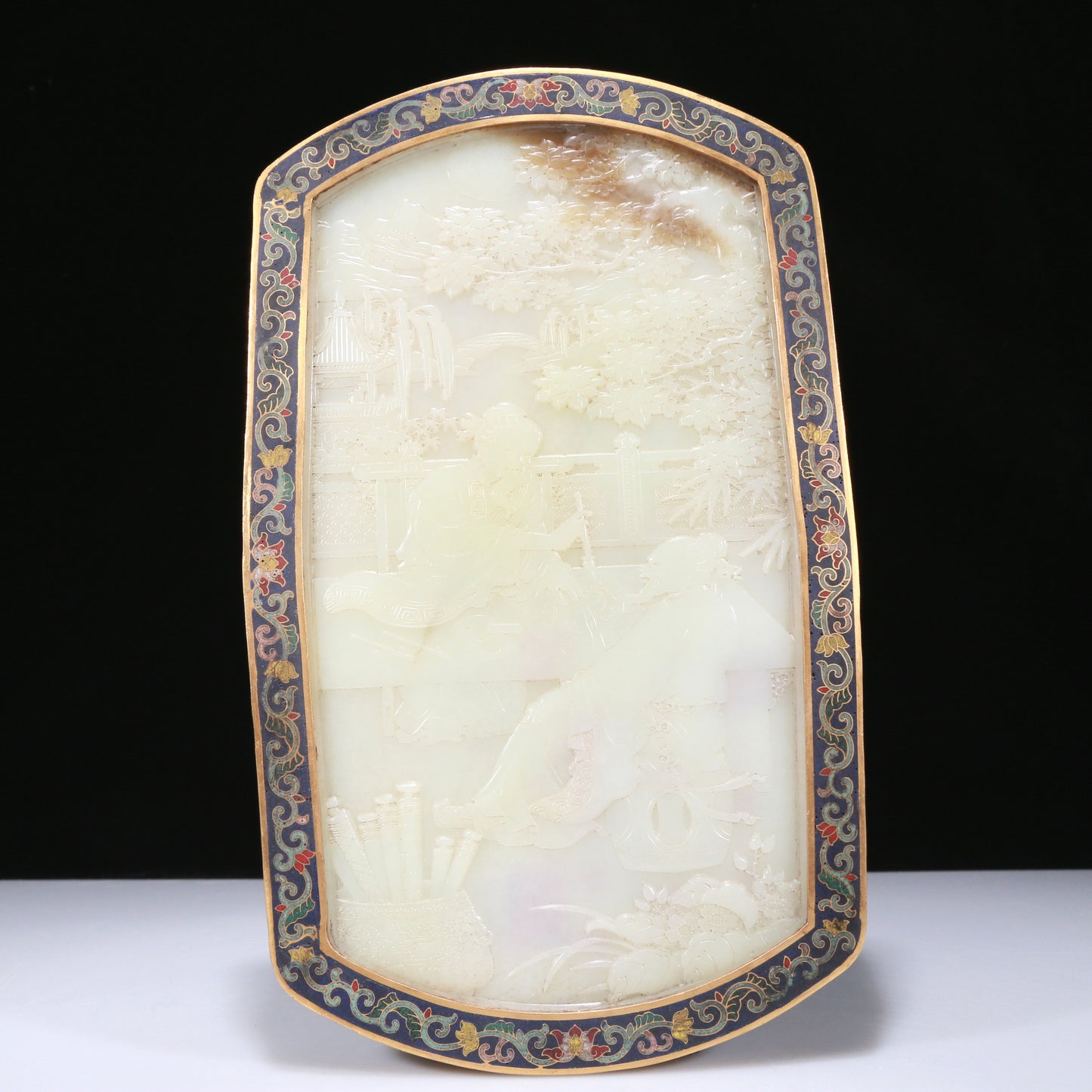 An Exquisite Imperial Cloisonne White Jade-Inlaid 'Landscape& Figure' Table Screen With Imperial Poem Inscriptions From Qianlong Period