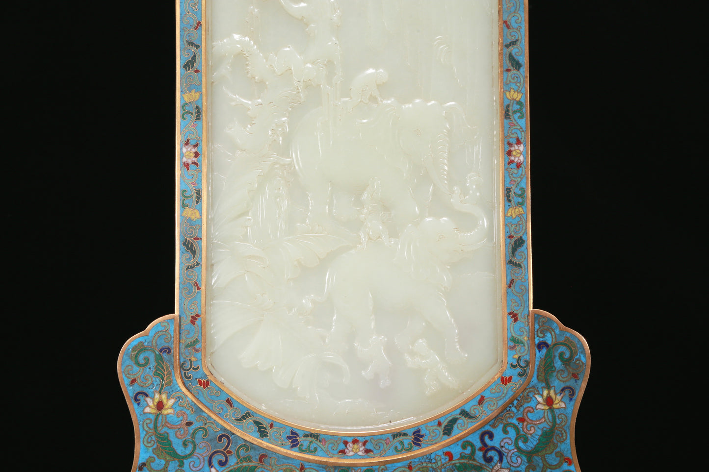 An Exquisite Imperial Cloisonne White Jade-Inlaid 'Elephant' Table Screen With Poem Inscriptions