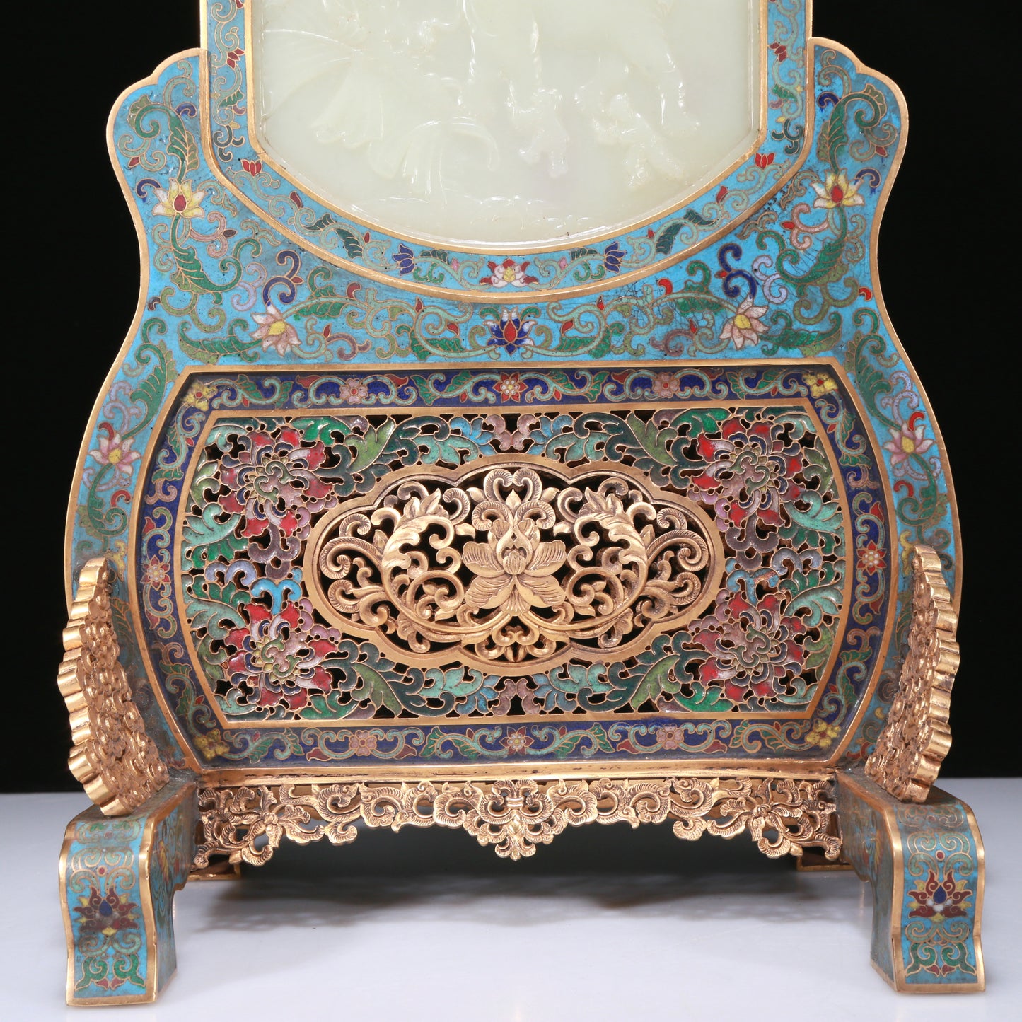 An Exquisite Imperial Cloisonne White Jade-Inlaid 'Elephant' Table Screen With Poem Inscriptions