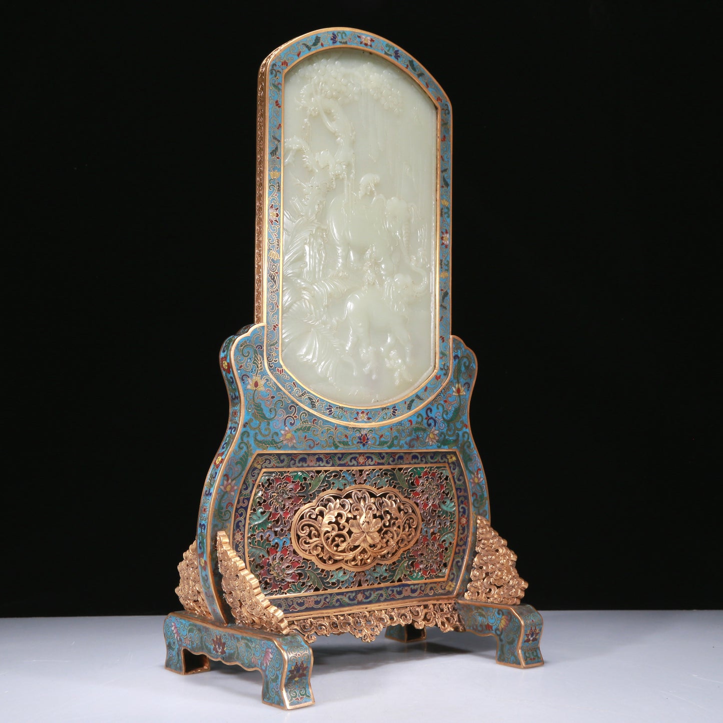 An Exquisite Imperial Cloisonne White Jade-Inlaid 'Elephant' Table Screen With Poem Inscriptions