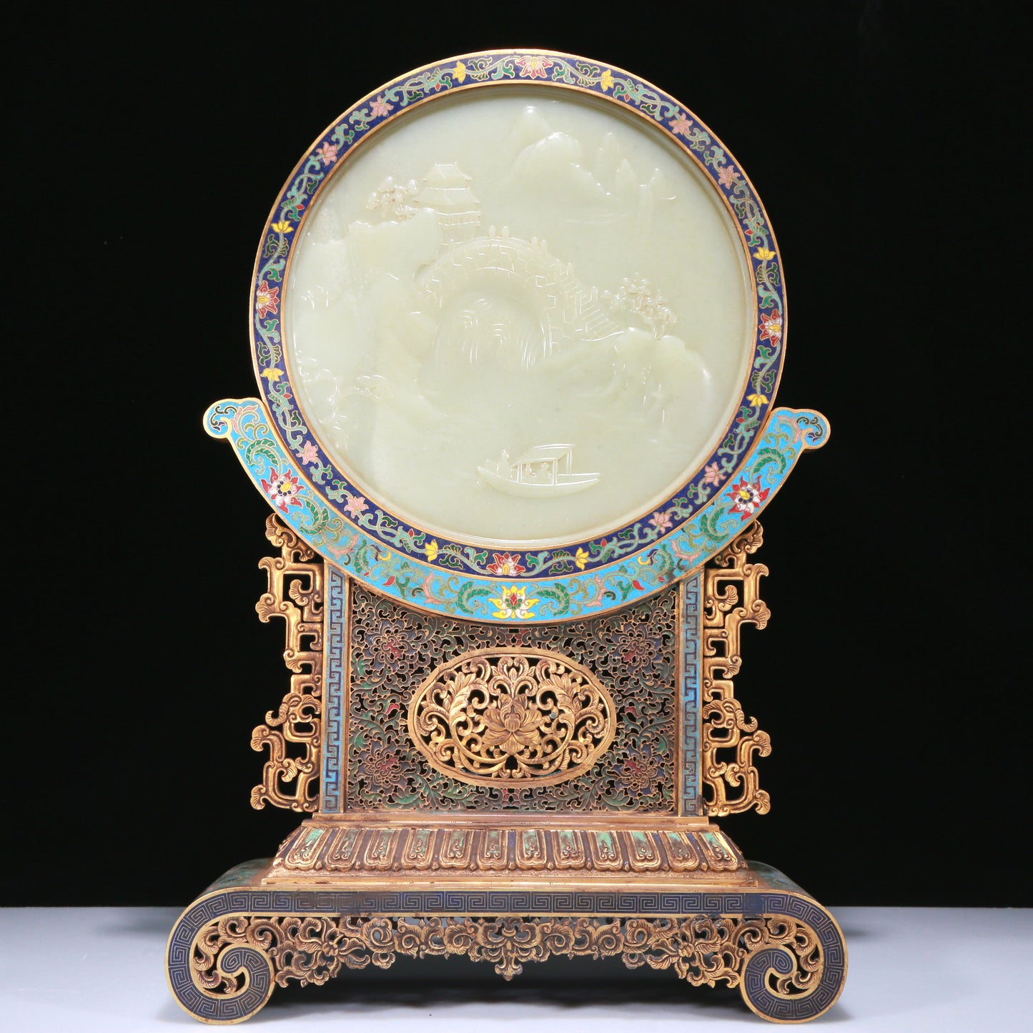 An Exquisite Imperial Cloisonne White Jade-Inlaid 'Landscape& Figure' Table Screen With Imperial Poem Inscriptions From Qianlong Period