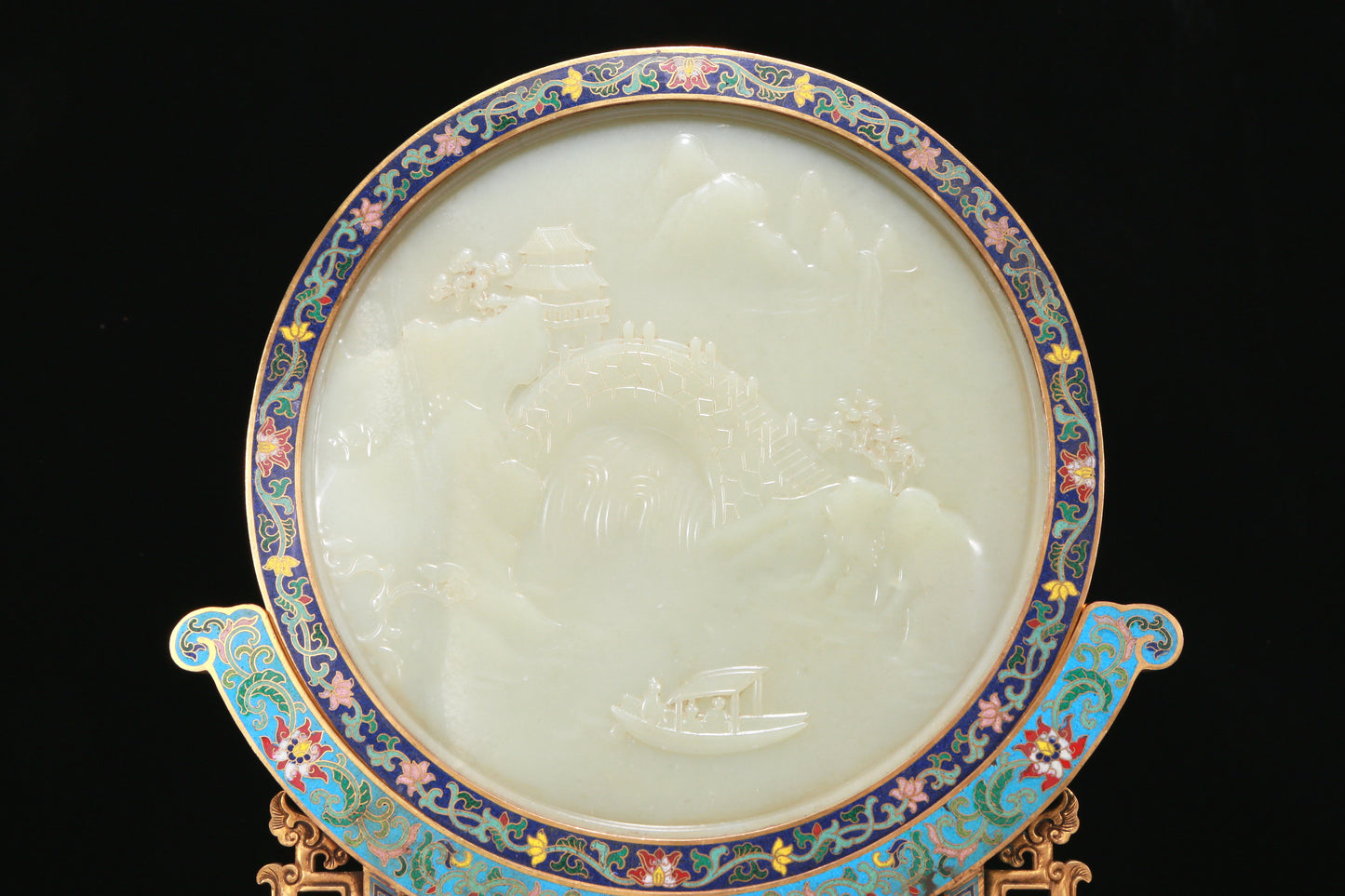 An Exquisite Imperial Cloisonne White Jade-Inlaid 'Landscape& Figure' Table Screen With Imperial Poem Inscriptions From Qianlong Period