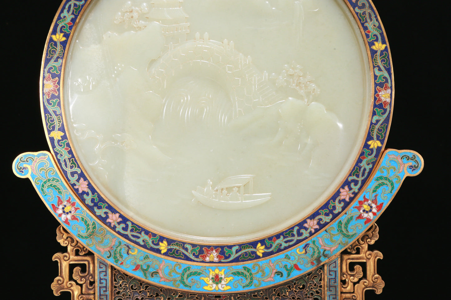 An Exquisite Imperial Cloisonne White Jade-Inlaid 'Landscape& Figure' Table Screen With Imperial Poem Inscriptions From Qianlong Period