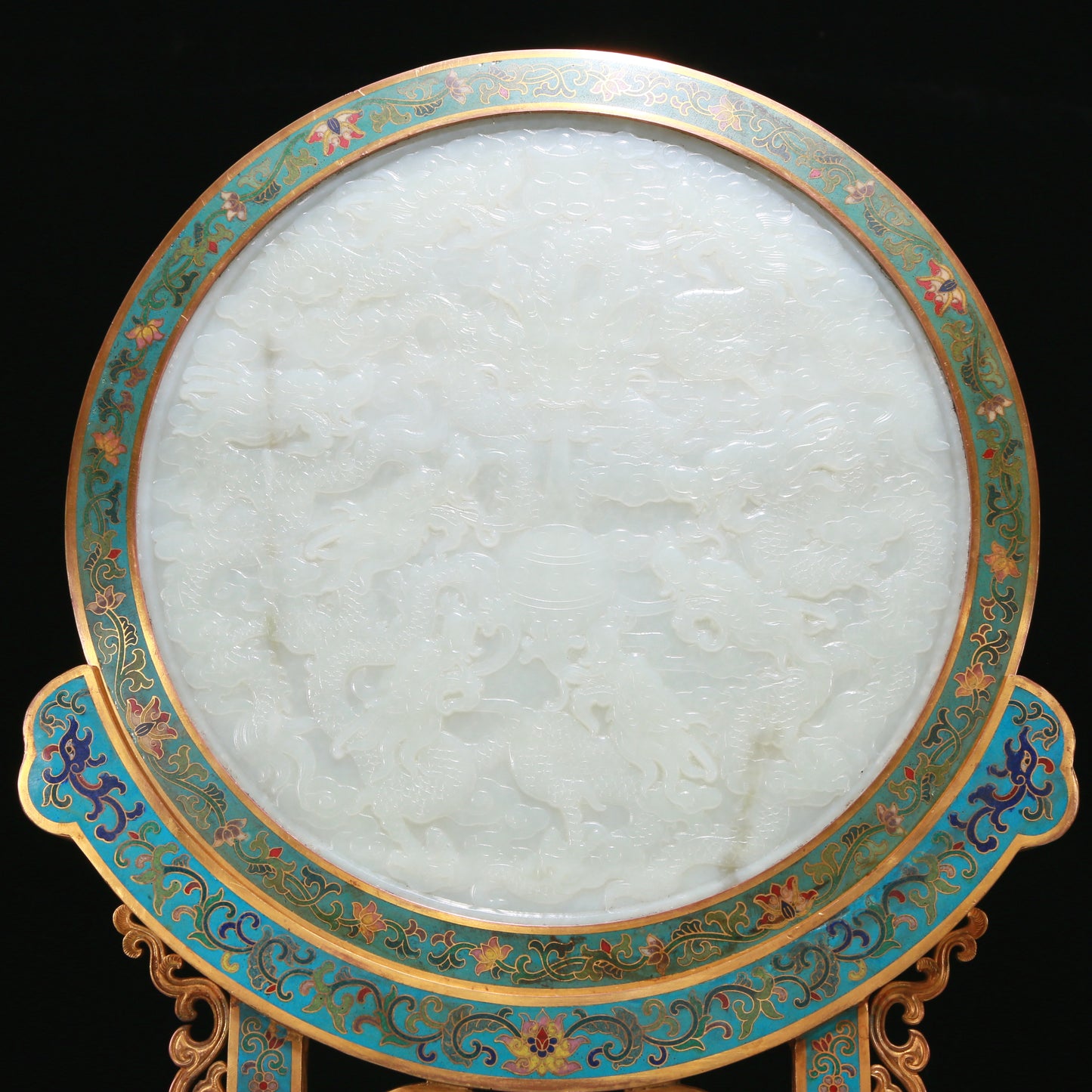 An Exquisite Imperial Cloisonne White Jade-Inlaid 'Dragon& Auspicious Cloud' Table Screen With Imperial Poem Inscriptions From Qianlong Period