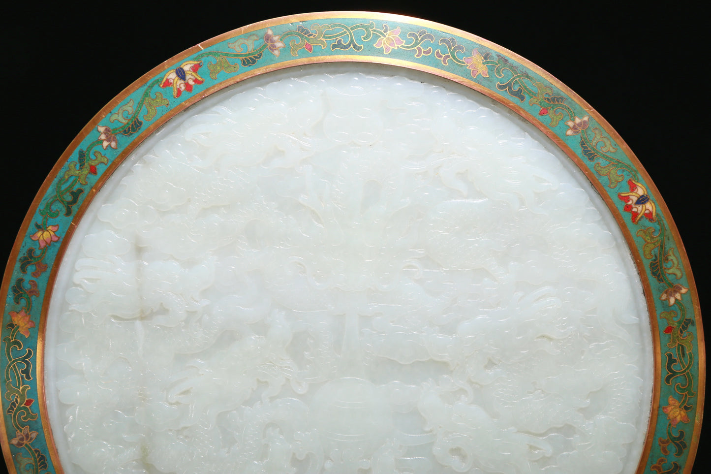 An Exquisite Imperial Cloisonne White Jade-Inlaid 'Dragon& Auspicious Cloud' Table Screen With Imperial Poem Inscriptions From Qianlong Period