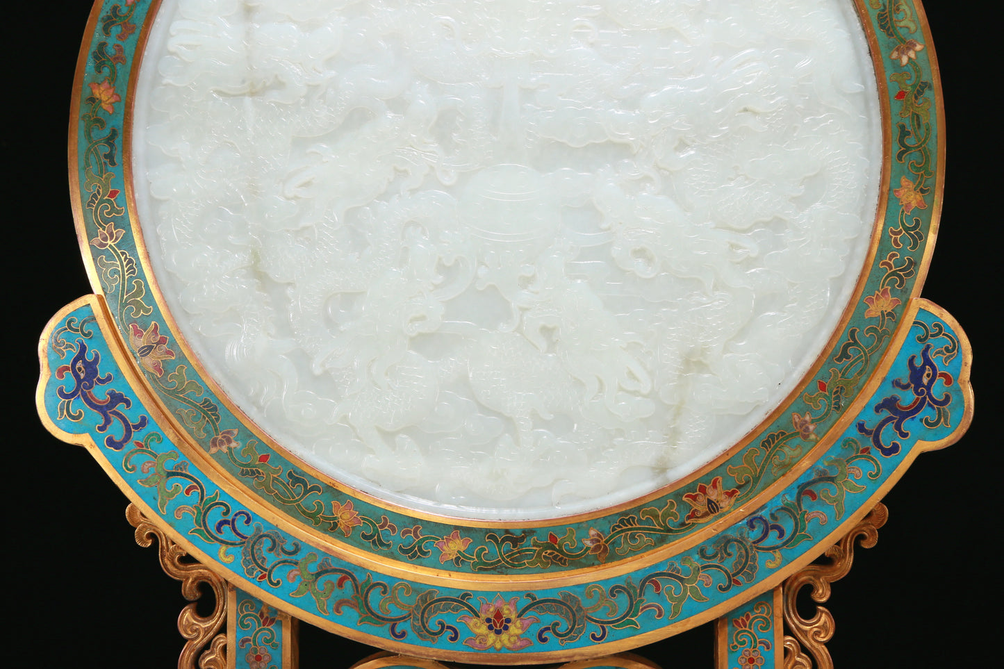 An Exquisite Imperial Cloisonne White Jade-Inlaid 'Dragon& Auspicious Cloud' Table Screen With Imperial Poem Inscriptions From Qianlong Period