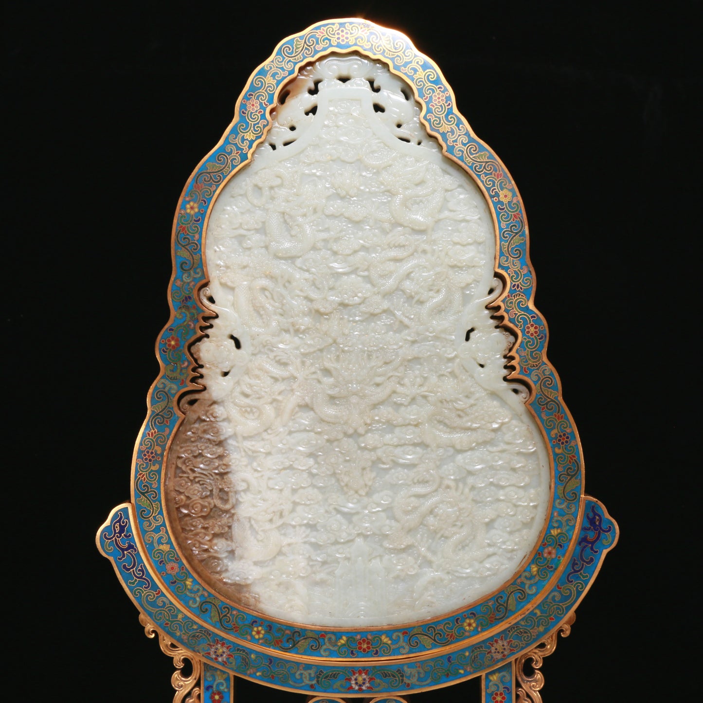 An Exquisite Imperial Cloisonne White Jade-Inlaid 'Dragon& Auspicious Cloud' Gourd-Form Table Screen With Imperial Poem Inscriptions From Qianlong Period