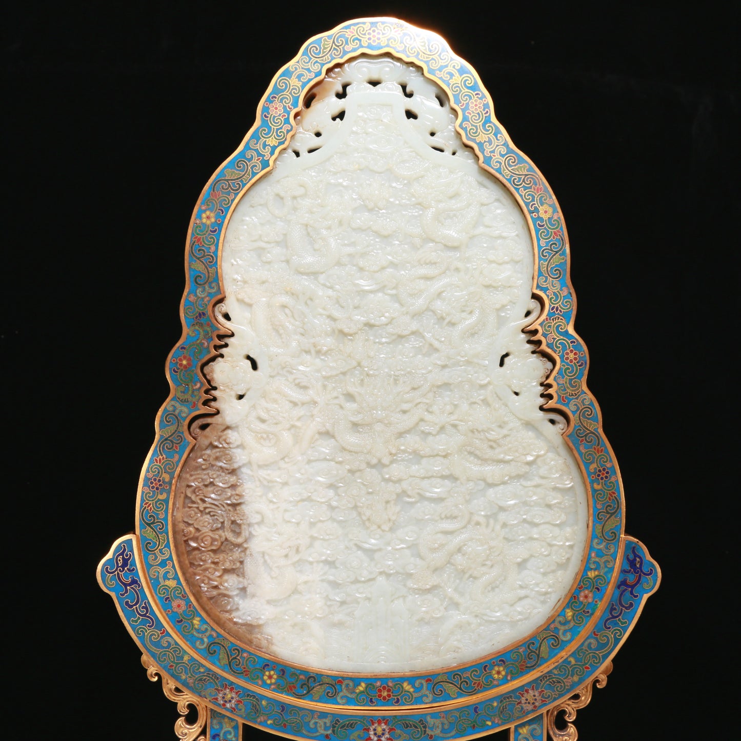 An Exquisite Imperial Cloisonne White Jade-Inlaid 'Dragon& Auspicious Cloud' Gourd-Form Table Screen With Imperial Poem Inscriptions From Qianlong Period