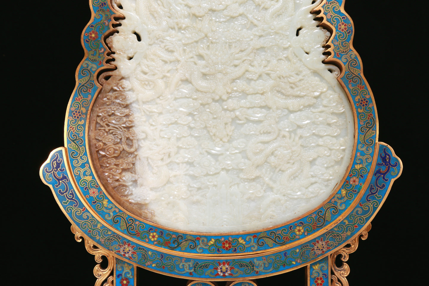 An Exquisite Imperial Cloisonne White Jade-Inlaid 'Dragon& Auspicious Cloud' Gourd-Form Table Screen With Imperial Poem Inscriptions From Qianlong Period