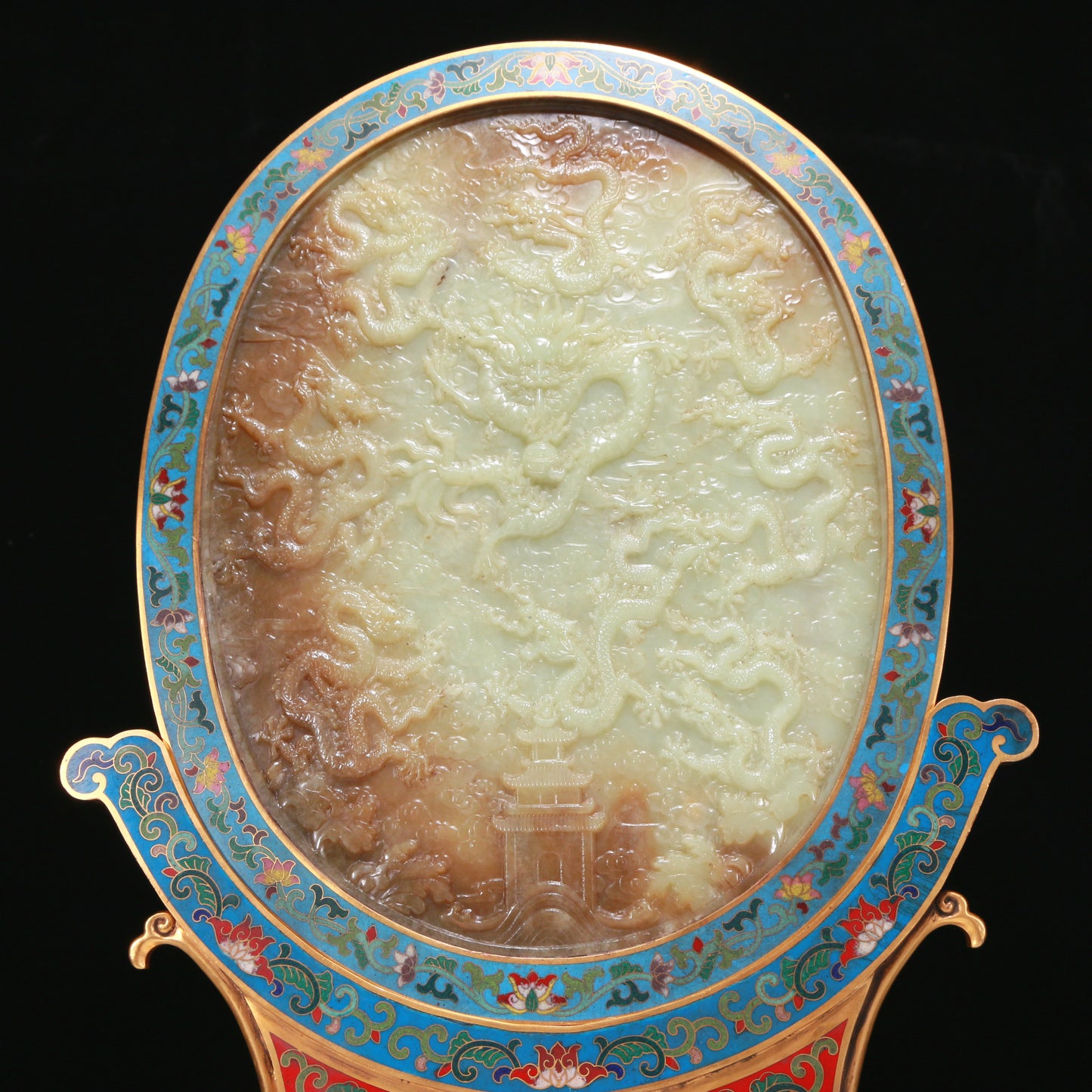 An Exquisite Imperial Cloisonne White Jade-Inlaid 'Dragon& Auspicious Cloud' Table Screen With Imperial Poem Inscriptions From Qianlong Period