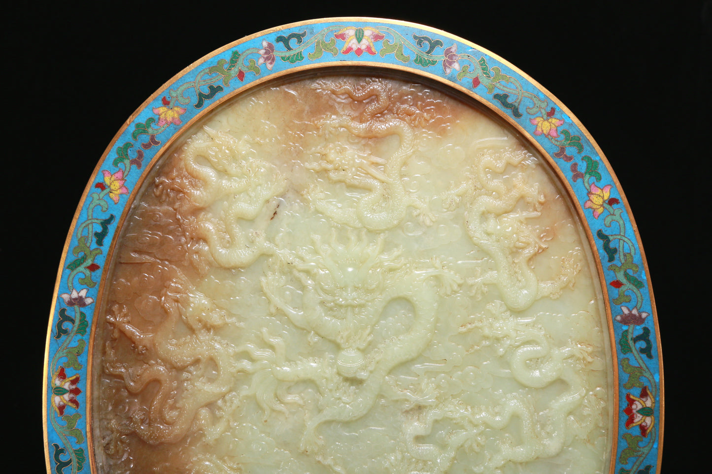 An Exquisite Imperial Cloisonne White Jade-Inlaid 'Dragon& Auspicious Cloud' Table Screen With Imperial Poem Inscriptions From Qianlong Period