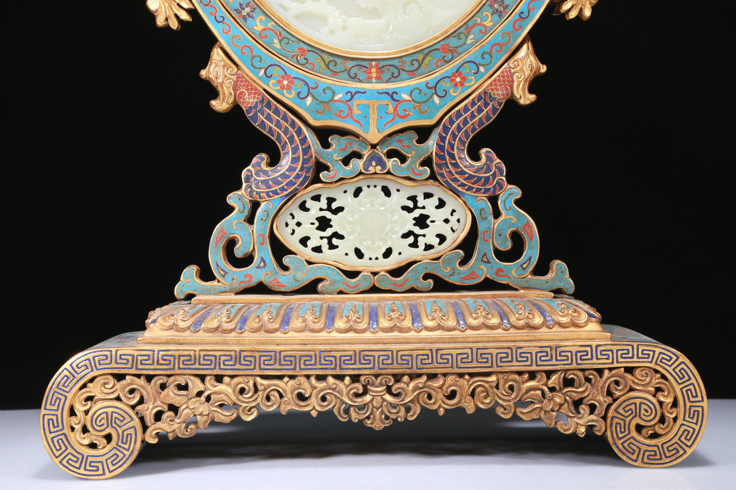 An Exquisite Cloisonne White Jade-Inlaid 'Landscape& Figure' Table Screen With Imperial Poem Inscriptions From Qianlong Period