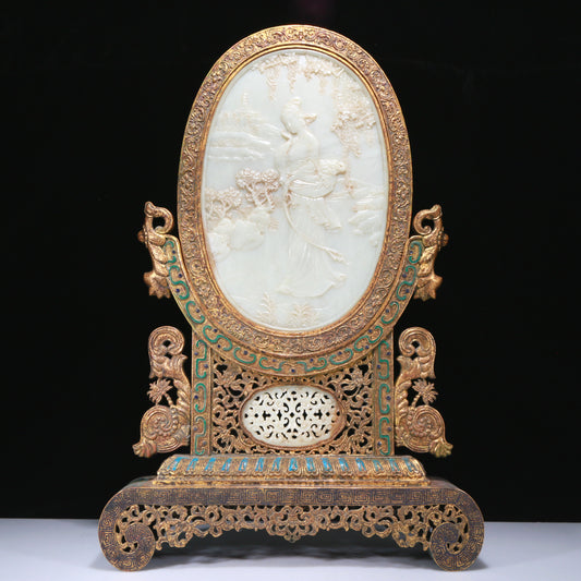 An Exquisite Imperial Gilt-Bronze White Jade-Inlaid 'Landscape& Figure' Table Screen With Imperial Poem Inscriptions From Qianlong Period