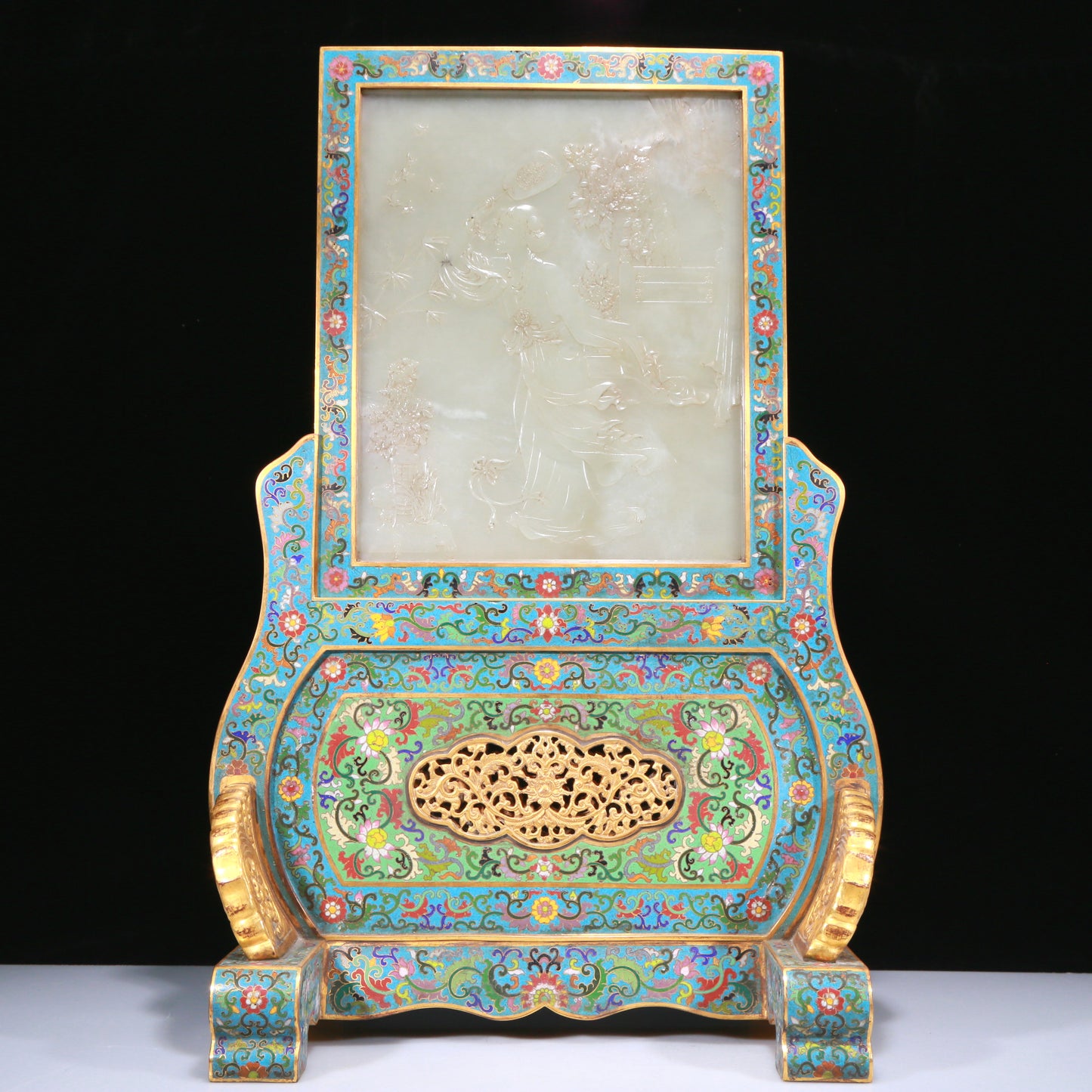 An Exquisite Cloisonne White Jade-Inlaid 'Figure' Table Screen With Imperial Poem Inscriptions From Qianlong Period