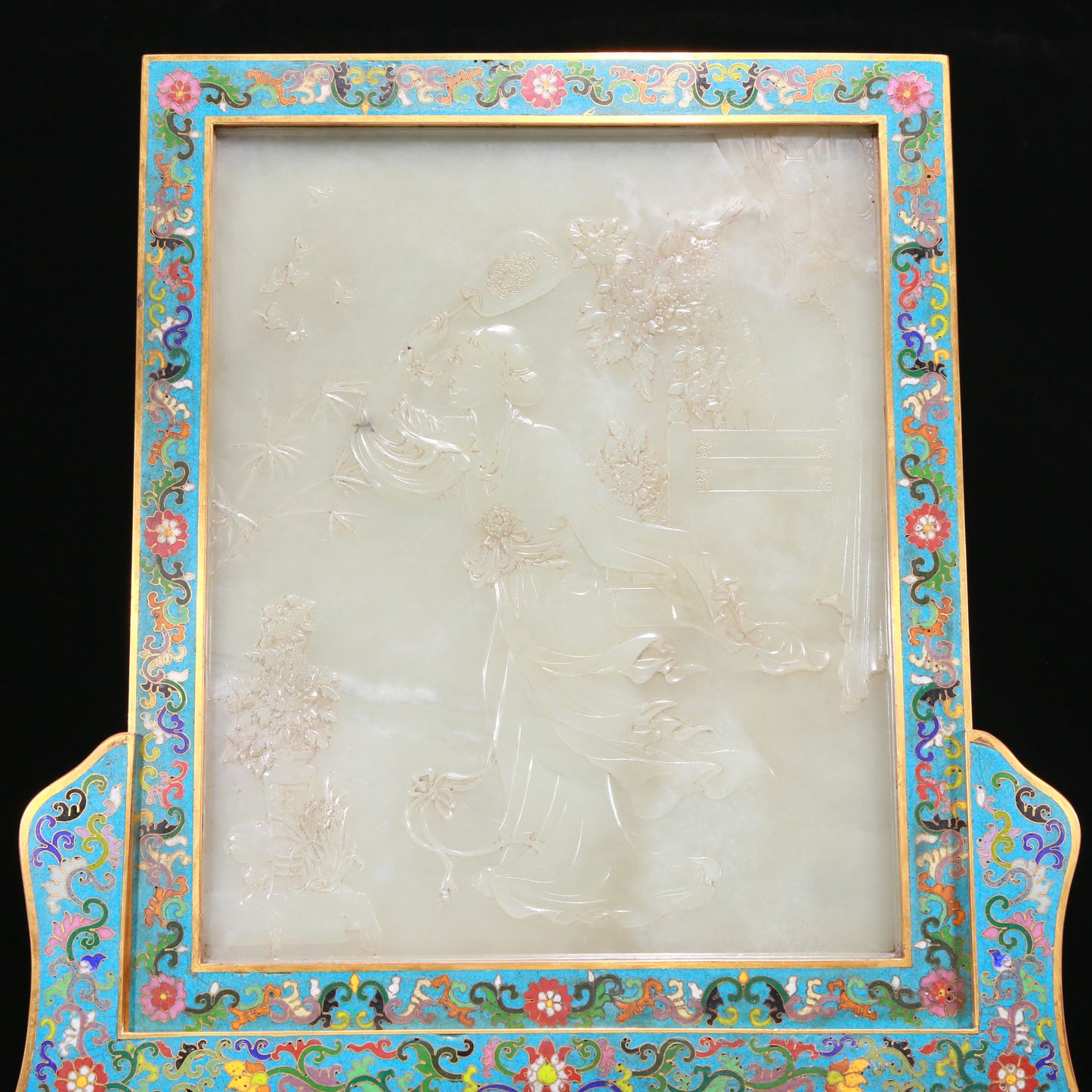 An Exquisite Cloisonne White Jade-Inlaid 'Figure' Table Screen With Imperial Poem Inscriptions From Qianlong Period