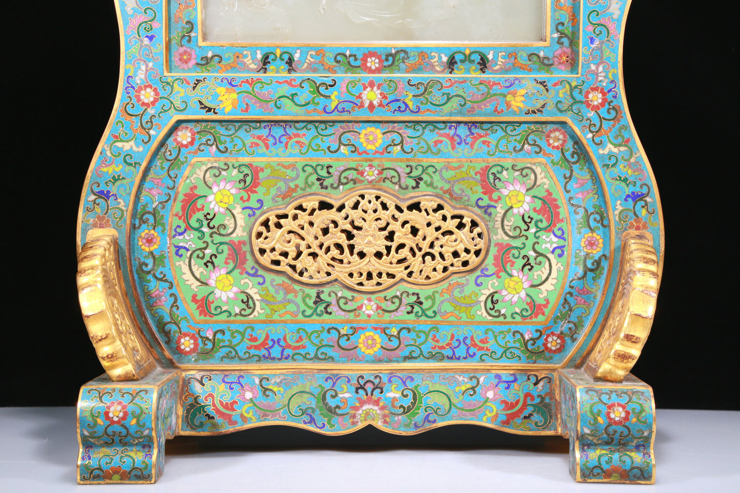 An Exquisite Cloisonne White Jade-Inlaid 'Figure' Table Screen With Imperial Poem Inscriptions From Qianlong Period