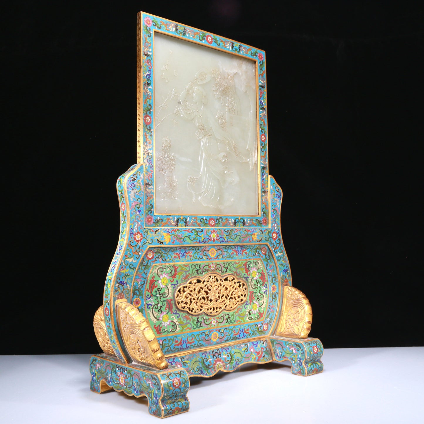 An Exquisite Cloisonne White Jade-Inlaid 'Figure' Table Screen With Imperial Poem Inscriptions From Qianlong Period